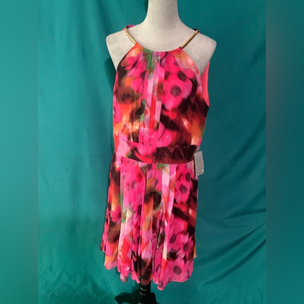 Eliza J Women’s Bright Floral Print Halter Chiffon Dress w/Gold Chain Accent NWT